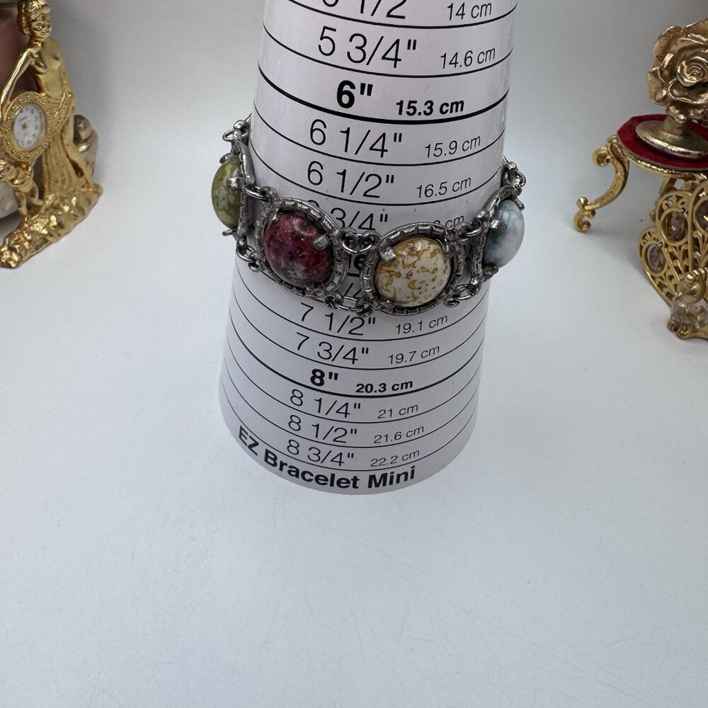 Vintage Large Scarab Gem Stone Double Link Bracelet Silver Tone Unsigned Adjust - Picture 5 of 12